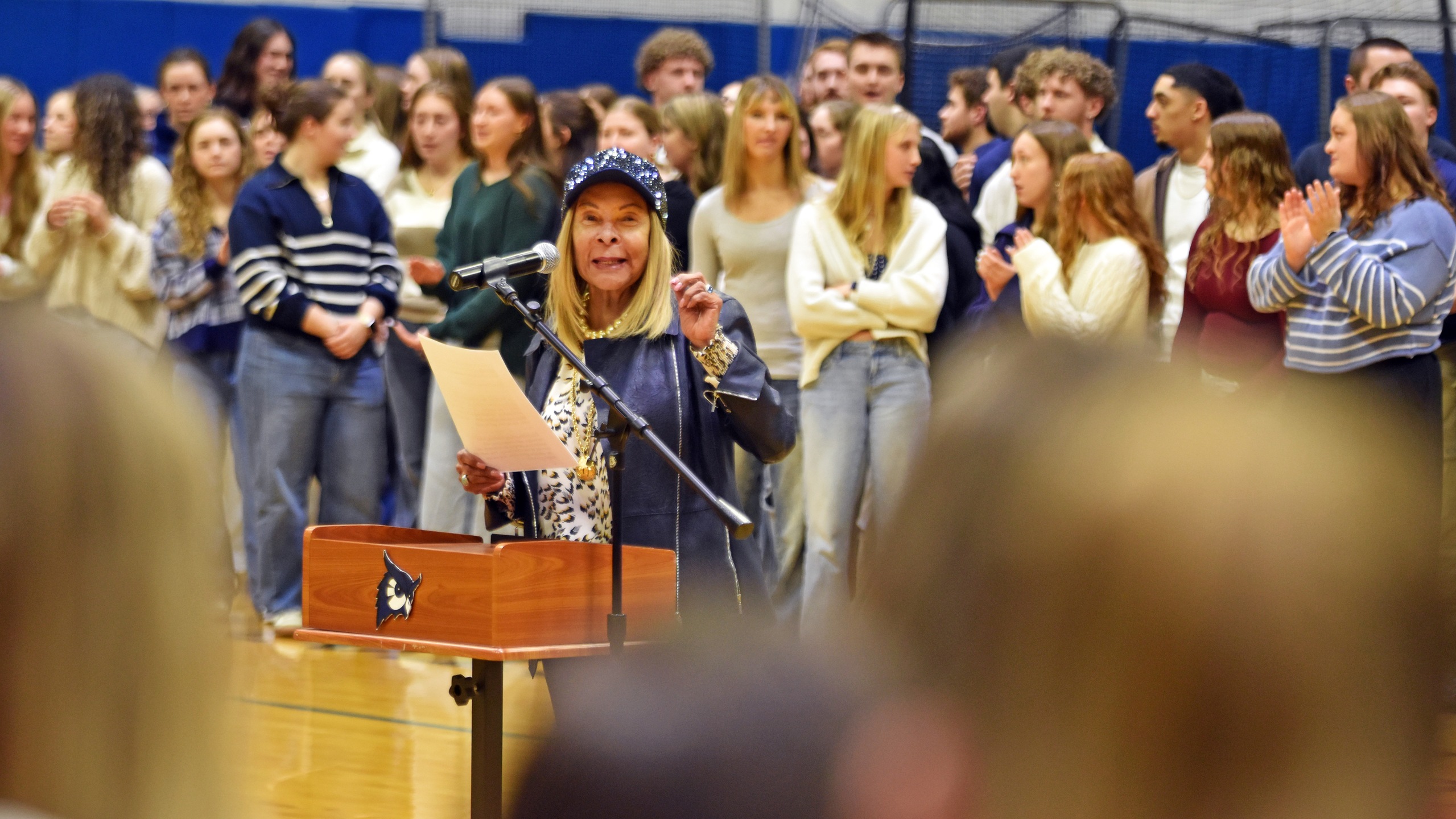 WSU President Dr. Linda Thompson addresses more than 300 student athletes at the Athletic Director's 3.0 reception on Feb. 18, 2026.